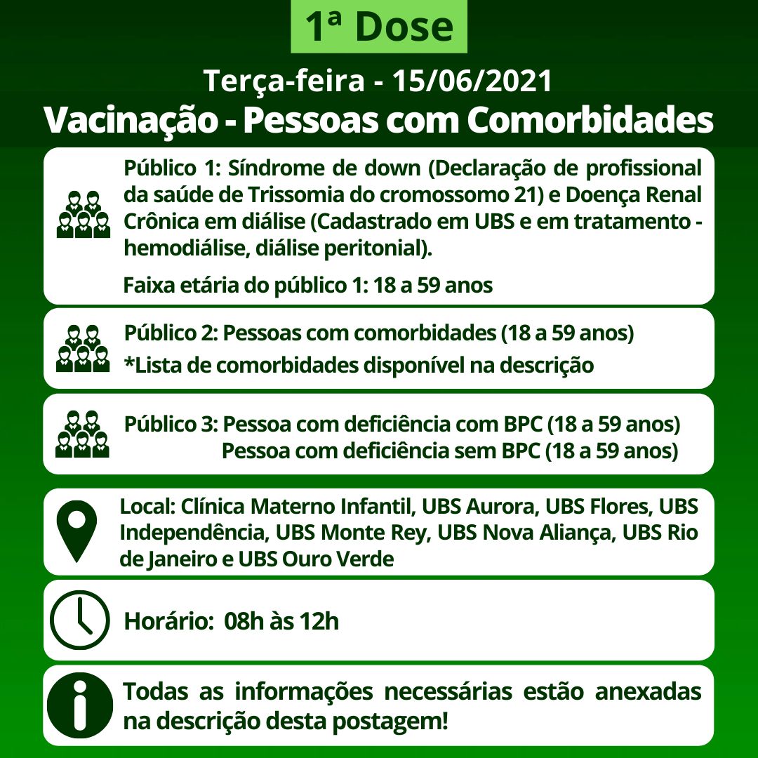 Cronograma de Vacinação contra Covid-19 (Comorbidades) - Terça-feira - 15/06/2021